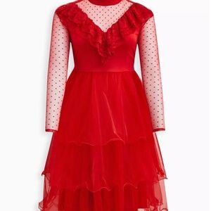 Beetlejuice Lydia Midi Stretch Challis Mesh Tiered Dress